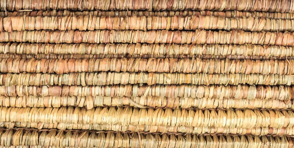Close-up of thatch roof layers and ridge detailing